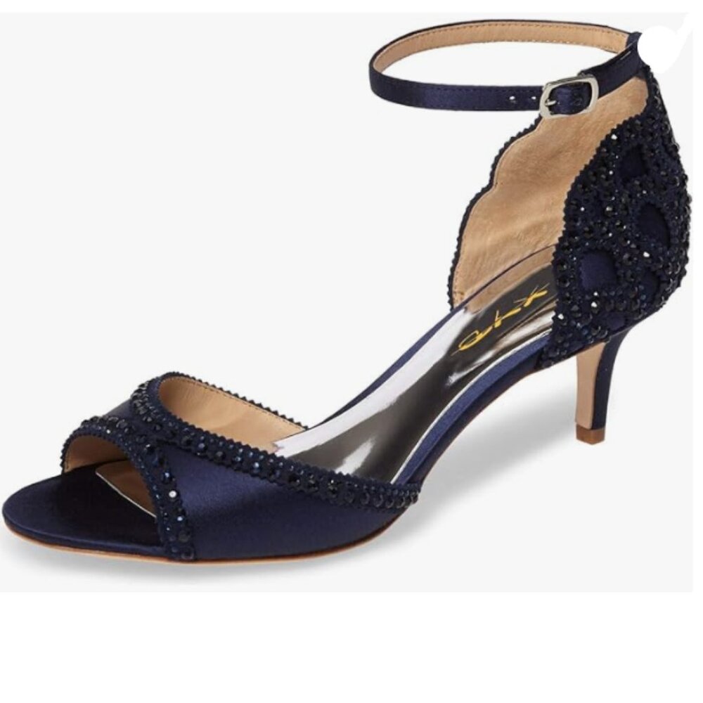 XYD Navy Peep Toe D'Orsay Embellished Kitten Heels With Ankle Strap